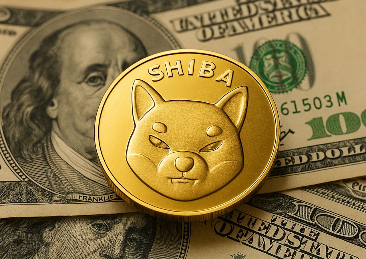 una moneta con il simbolo di Shiba Inu e delle banconote in dollari sullo sfondo