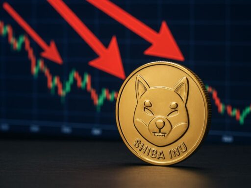 Una moneta di Shiba Inu in primo piano e un grafico a candele sullo sfondo con delle frecce rosse verso il basso