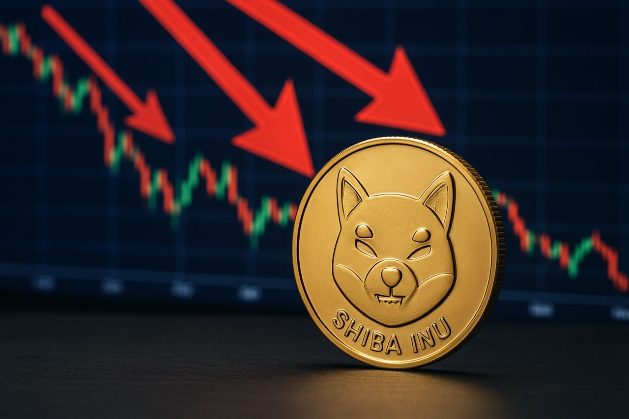 Una moneta di Shiba Inu in primo piano e un grafico a candele sullo sfondo con delle frecce rosse verso il basso