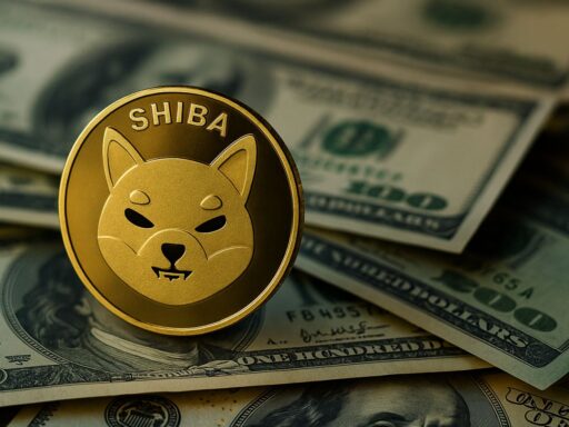 Una moneta di Shiba Inu poggiata su alcune banconote