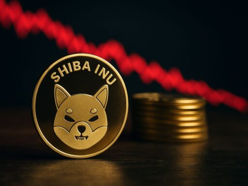 Una moneta di Shiba Inu con un grafico in discesa sullo sfondo