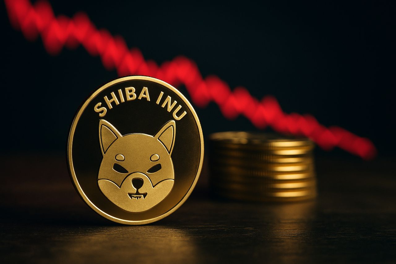 Una moneta di Shiba Inu con un grafico in discesa sullo sfondo
