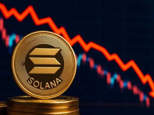una moneta di Solana con un grafico a candele che indica una discesa sullo sfondo