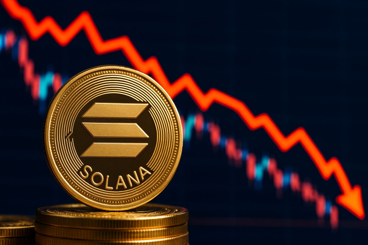 una moneta di Solana con un grafico a candele che indica una discesa sullo sfondo