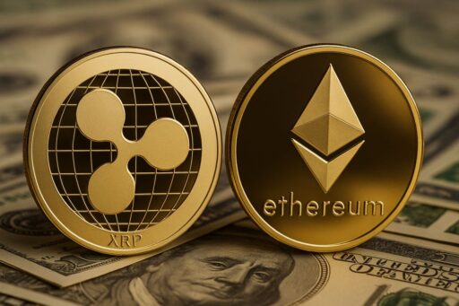 Una moneta di XRP accanto a una moneta di ETH con delle banconote sotto