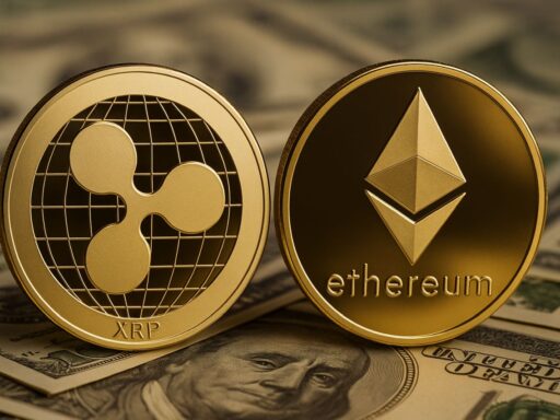 Una moneta di XRP accanto a una moneta di ETH con delle banconote sotto