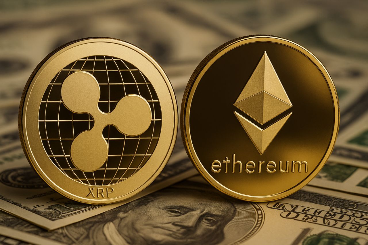 Una moneta di XRP accanto a una moneta di ETH con delle banconote sotto