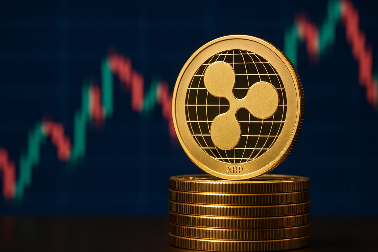 Eine XRP-Münze liegt hochkant auf einem Münzstapel. Im Hintergrund erscheint ein Candlestick-Chart.