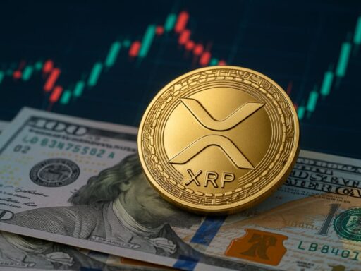una moneta di XRP con un grafico a candele sullo sfondo e delle banconote in dollari sotto di essa