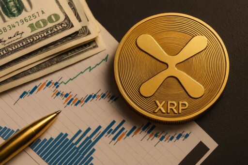 Una moneta con il simbolo di XRP poggiata su un foglio con dei grafici finanziari, accanto ad alcune banconote in dollari