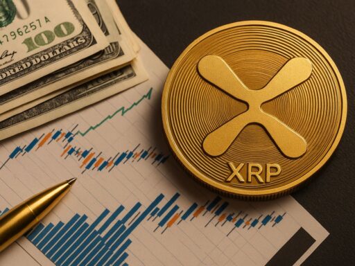 Una moneta con il simbolo di XRP poggiata su un foglio con dei grafici finanziari, accanto ad alcune banconote in dollari