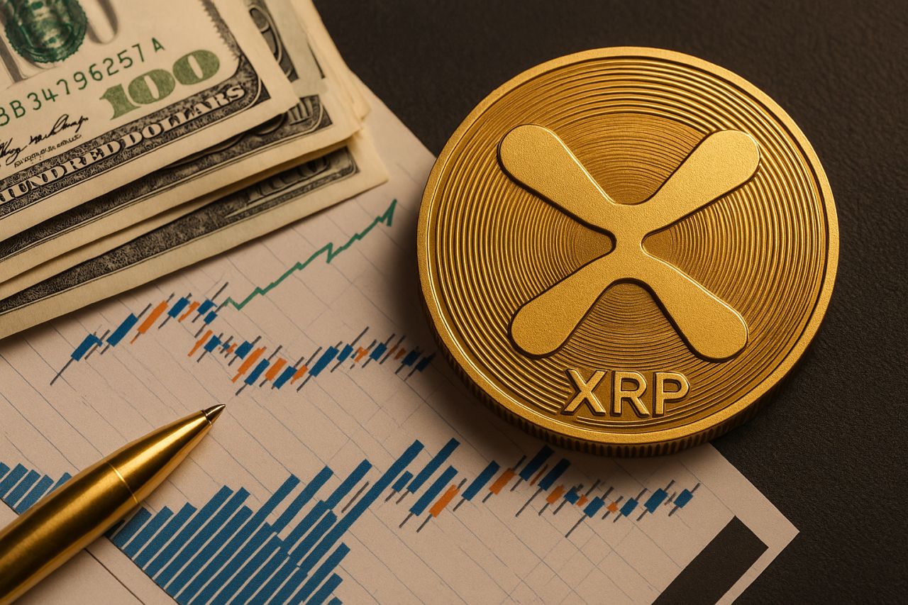 Una moneta con il simbolo di XRP poggiata su un foglio con dei grafici finanziari, accanto ad alcune banconote in dollari
