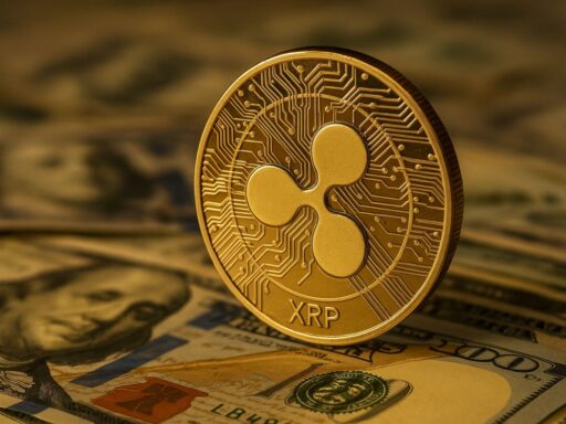 Una moneta di XRP poggiata di taglio su alcune banconote