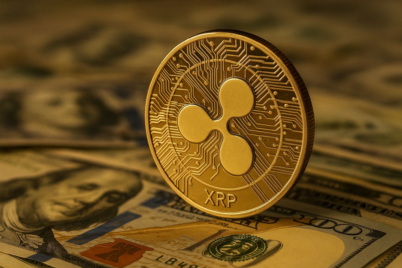 Una moneta di XRP poggiata di taglio su alcune banconote