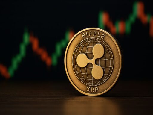 Una moneta di XRP con un grafico a candele sullo sfondo