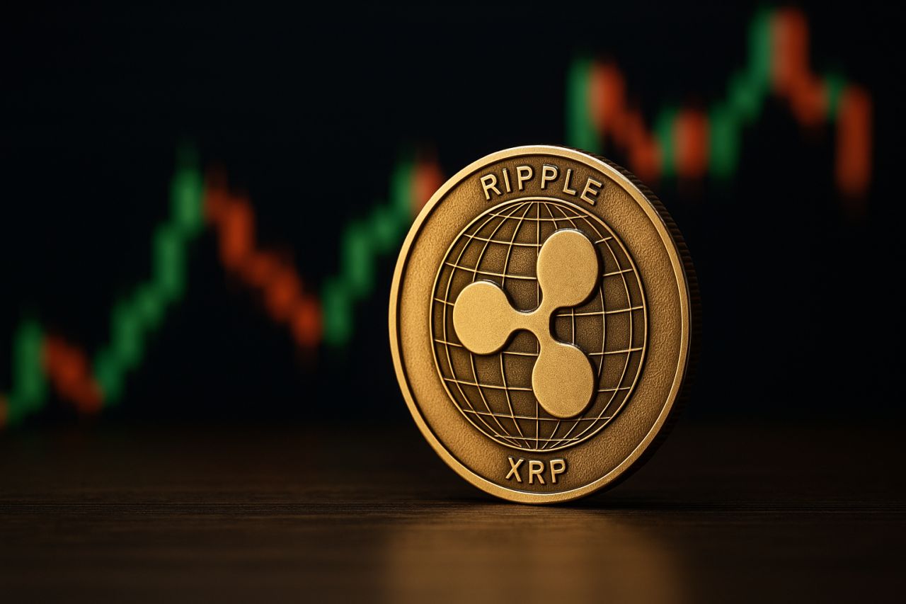 Una moneta di XRP con un grafico a candele sullo sfondo