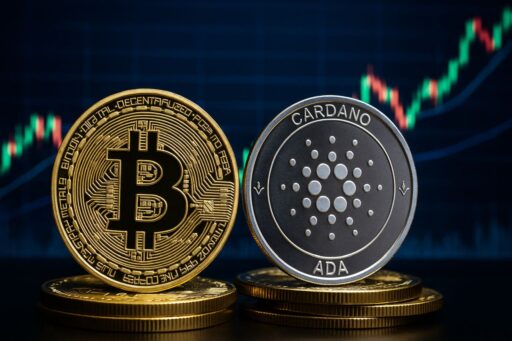 Una moneta di Bitcoin accanto a una di Cardano. Sullo sfondo un grafico a candele