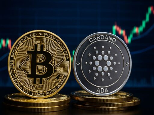 Una moneta di Bitcoin accanto a una di Cardano. Sullo sfondo un grafico a candele
