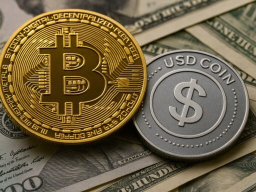 Una moneta di Bitcoin euna moneta di USD Coin. Sotto di esse delle banconote in dollari