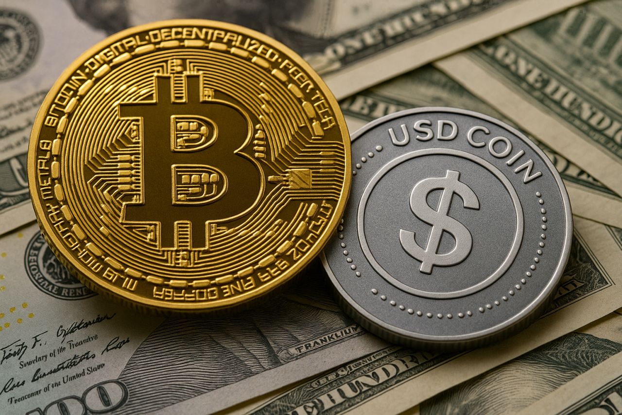 Una moneta di Bitcoin euna moneta di USD Coin. Sotto di esse delle banconote in dollari