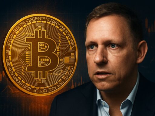 Una moneta di Bitcoin e il volto di Peter Thiel accanto