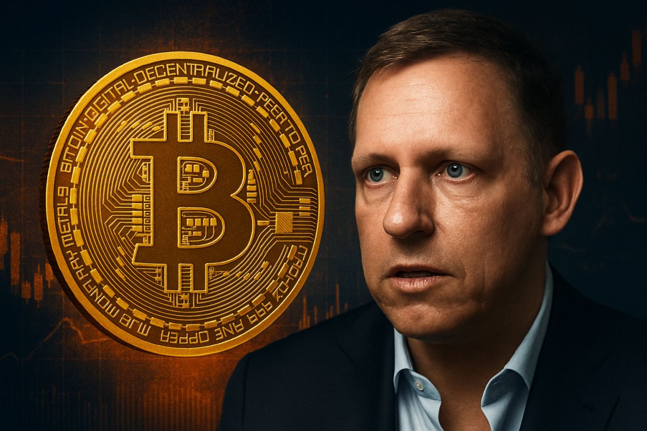 Una moneta di Bitcoin e il volto di Peter Thiel accanto