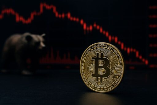 Una moneta di Bitcoin con un grafico finanziario sullo sfondo