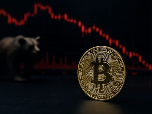 Una moneta di Bitcoin con un grafico finanziario sullo sfondo
