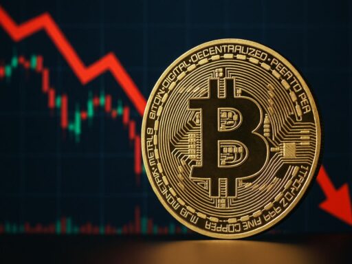 Una moneta di Bitcoin con un grafico a candele sullo sfondo
