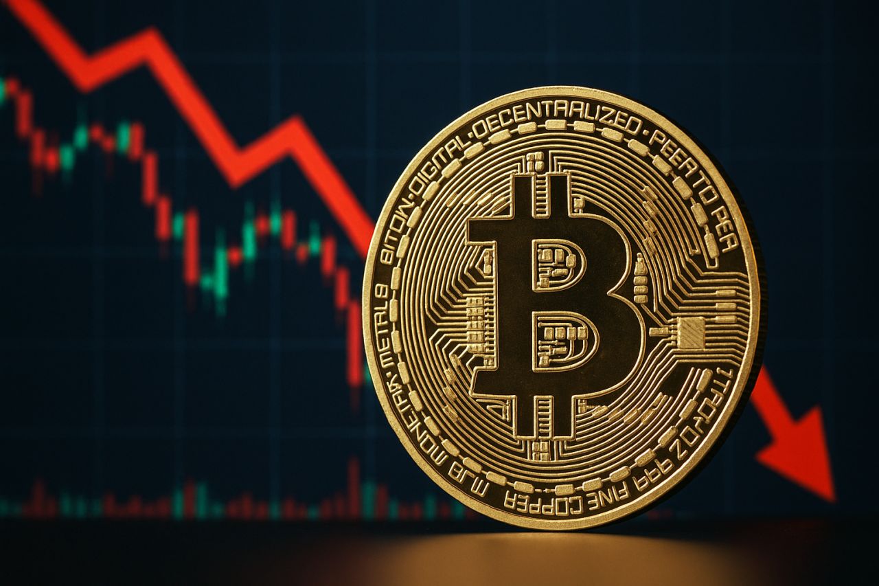 Una moneta di Bitcoin con un grafico a candele sullo sfondo