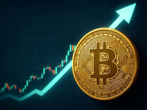 Una moneta di Bitcoin in primo piano e un grafico a candele con una freccia verso l'alto sullo sfondo