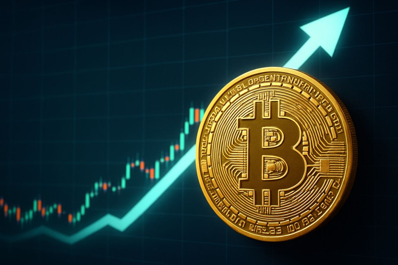 Una moneta di Bitcoin in primo piano e un grafico a candele con una freccia verso l'alto sullo sfondo