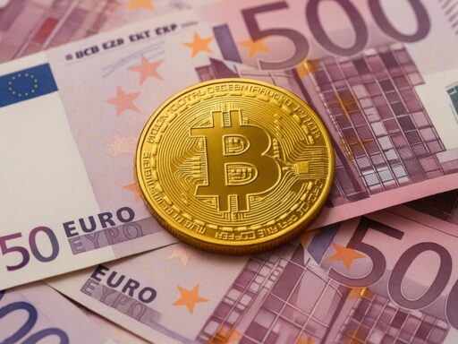 Una moneta di Bitcoin poggiata su alcune banconote da 500 euro
