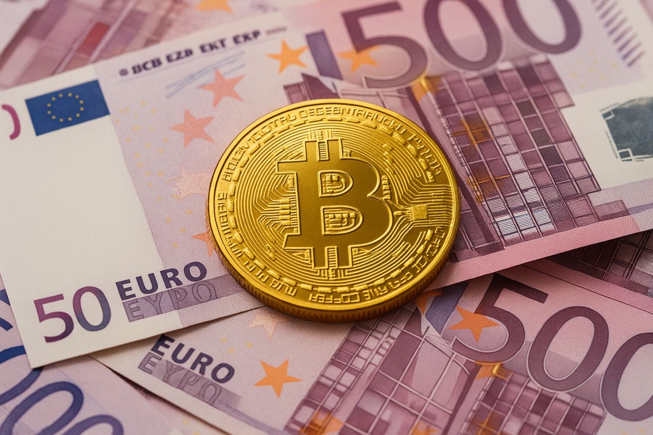 Una moneta di Bitcoin poggiata su alcune banconote da 500 euro