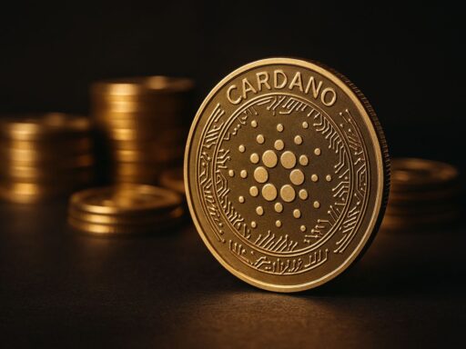 Una moneta di Cardano con delle monetine sullo sfondo