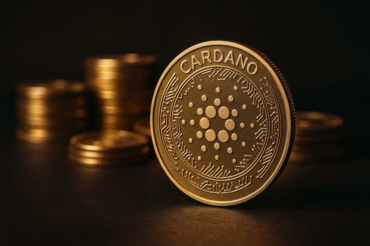 Una moneta di Cardano con delle monetine sullo sfondo