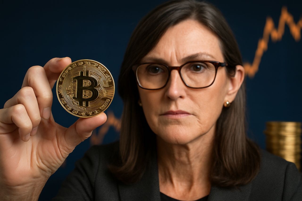 Cathie Wood con una moneta di Bitcoin tra pollice e indice