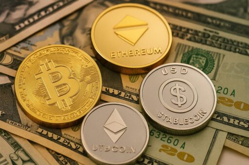 Alcune monete coi simboli di alcune crypto, e sotto di esse alcune banconote in dollari