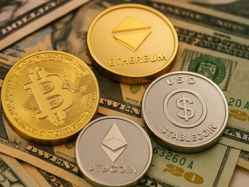 Alcune monete coi simboli di alcune crypto, e sotto di esse alcune banconote in dollari