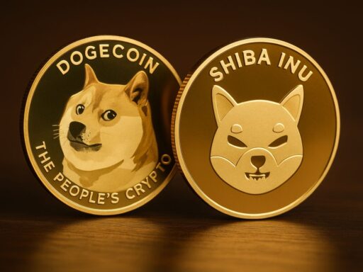 Una moneta di Dogecoin accanto a una di Shiba Inu