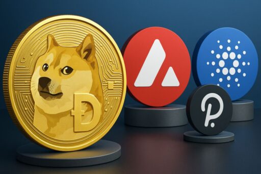 Una moneta di Dogecoin accanto a un gettone di Cardano, uno di Polkadot e uno di Avalanche