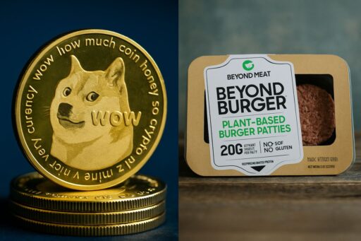 Un'immagine divisa in due metà da una linea verticale. Nella metà di sinistra monete di Dogecoin e in quella di destra alcune scritte con Beyond Burger in grande al centro