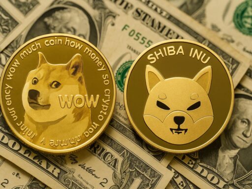 Una moneta di Dogecoin accanto a una di Shiba Inu. Sullo sfondo alcune banconote in dollari