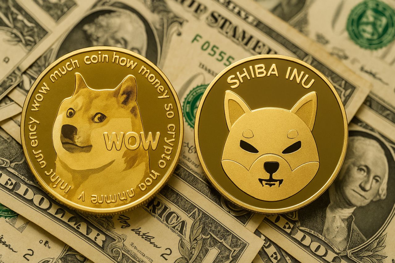 Una moneta di Dogecoin accanto a una di Shiba Inu. Sullo sfondo alcune banconote in dollari