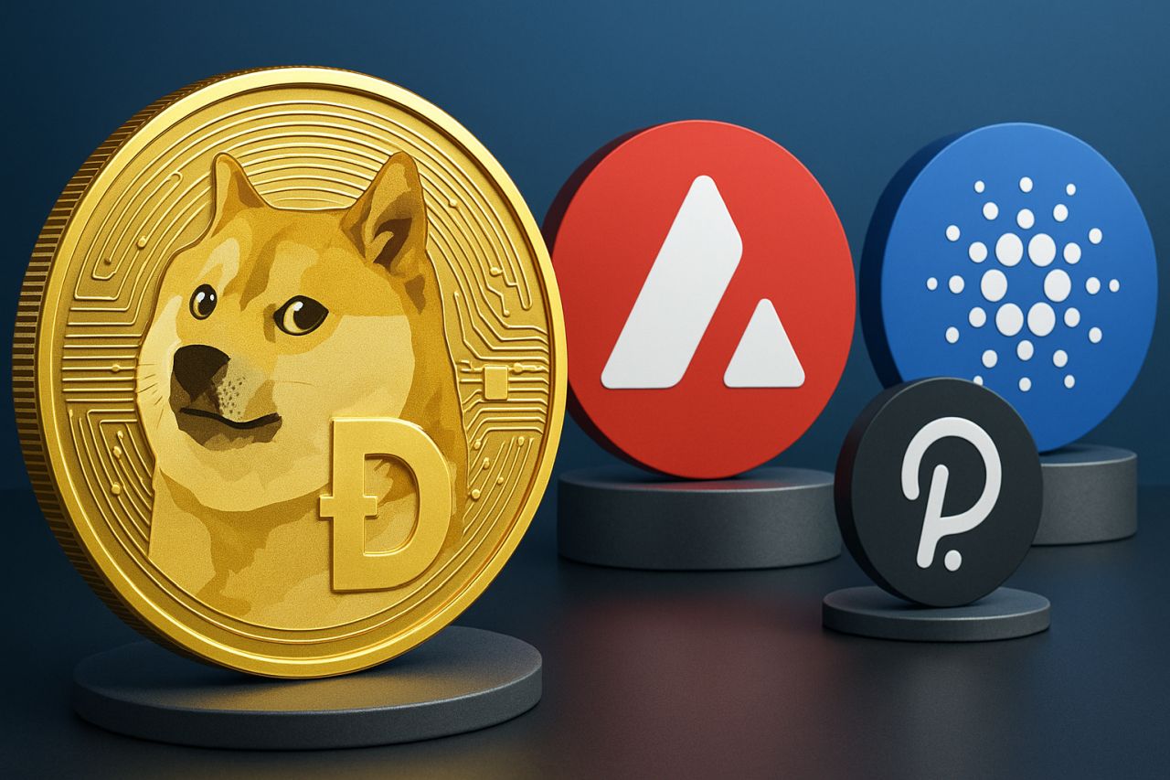 Una moneta di Dogecoin accanto a un gettone di Cardano, uno di Polkadot e uno di Avalanche