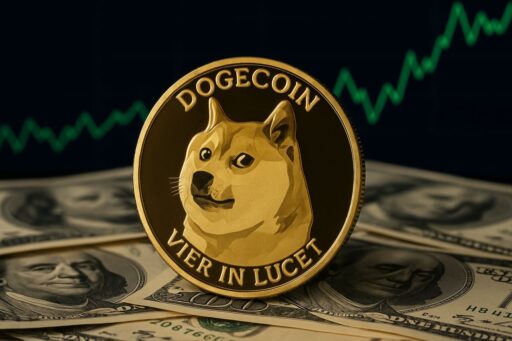 Una moneta di Dogecoin con un grafico sullo sfondo e delle banconote in dollari sotto