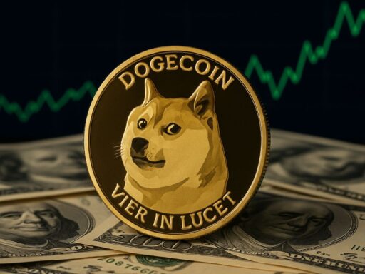 Una moneta di Dogecoin con un grafico sullo sfondo e delle banconote in dollari sotto