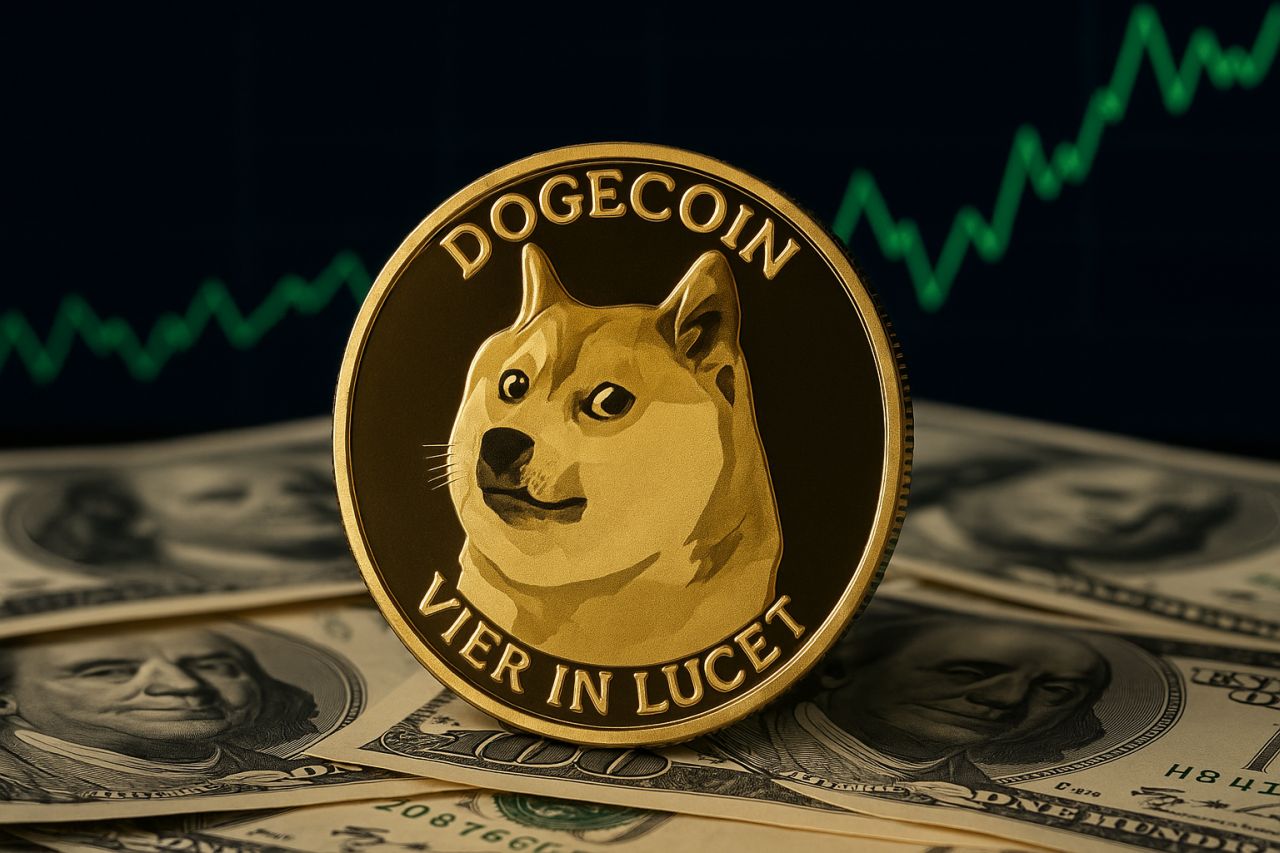 Una moneta di Dogecoin con un grafico sullo sfondo e delle banconote in dollari sotto