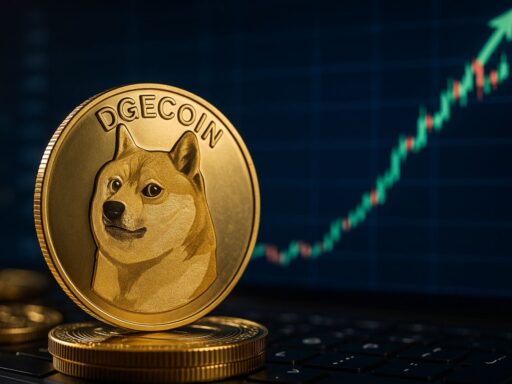 Una moneta di Dogecoin con un grafico a candele in salita sullo sfondo