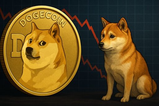 Una moneta di Dogecoin e il cane simbolo di Dogecoin con un grafico finanziario sullo sfondo